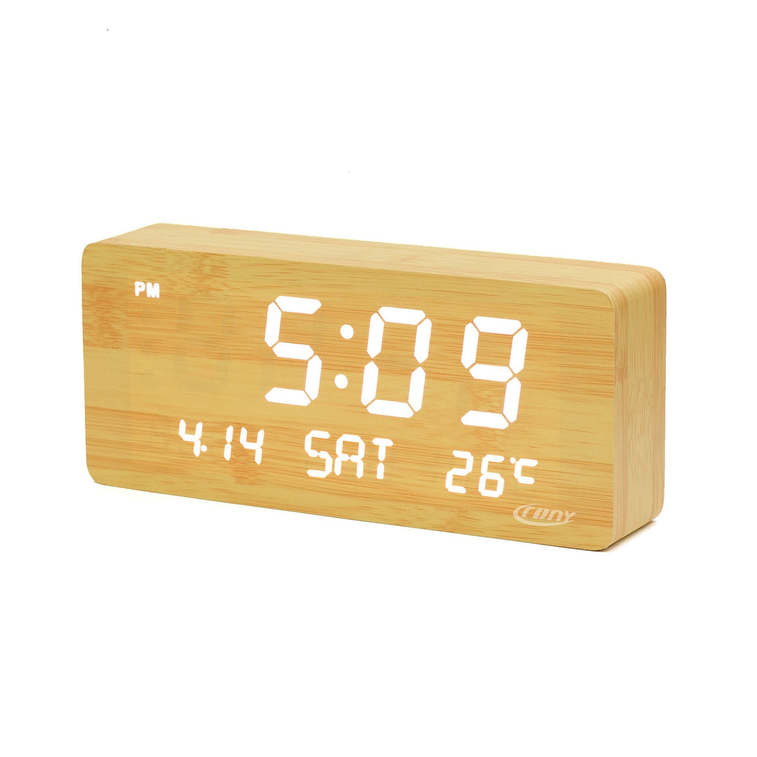 Buy 1501 wooden clock with perpetual calendar at deensquare.com. LED alarm clock with temperature display in Dubai | UAE.