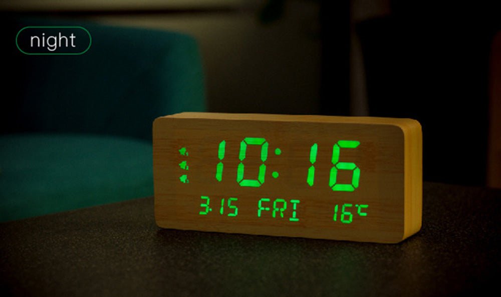 Buy 1501 wooden clock with perpetual calendar at deensquare.com. LED alarm clock with temperature display in Dubai | UAE.