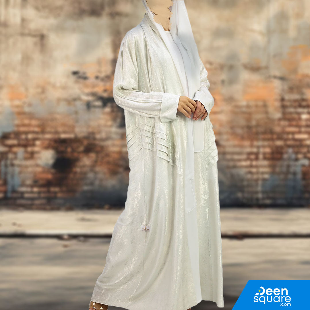 Elegant Kimono Self Open Textured With Inner Dress Abaya - White