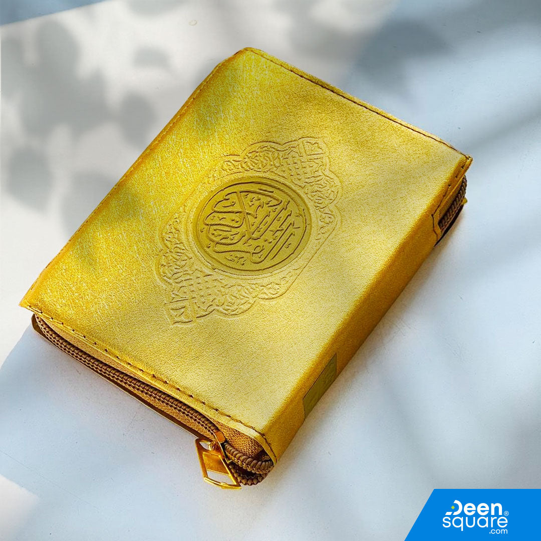 Buy 16 Lines Pocket Quran with gold zipper cover in Indo Pak script. Compact 8x12 cm size, perfect for travel, Hajj, and Umrah. High-quality by Zia ul Quran.