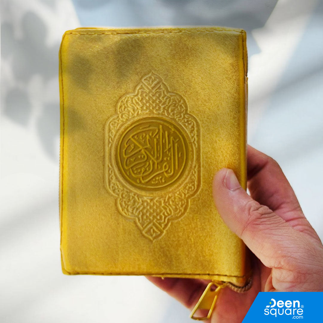 Buy 16 Lines Pocket Quran with gold zipper cover in Indo Pak script. Compact 8x12 cm size, perfect for travel, Hajj, and Umrah. High-quality by Zia ul Quran.