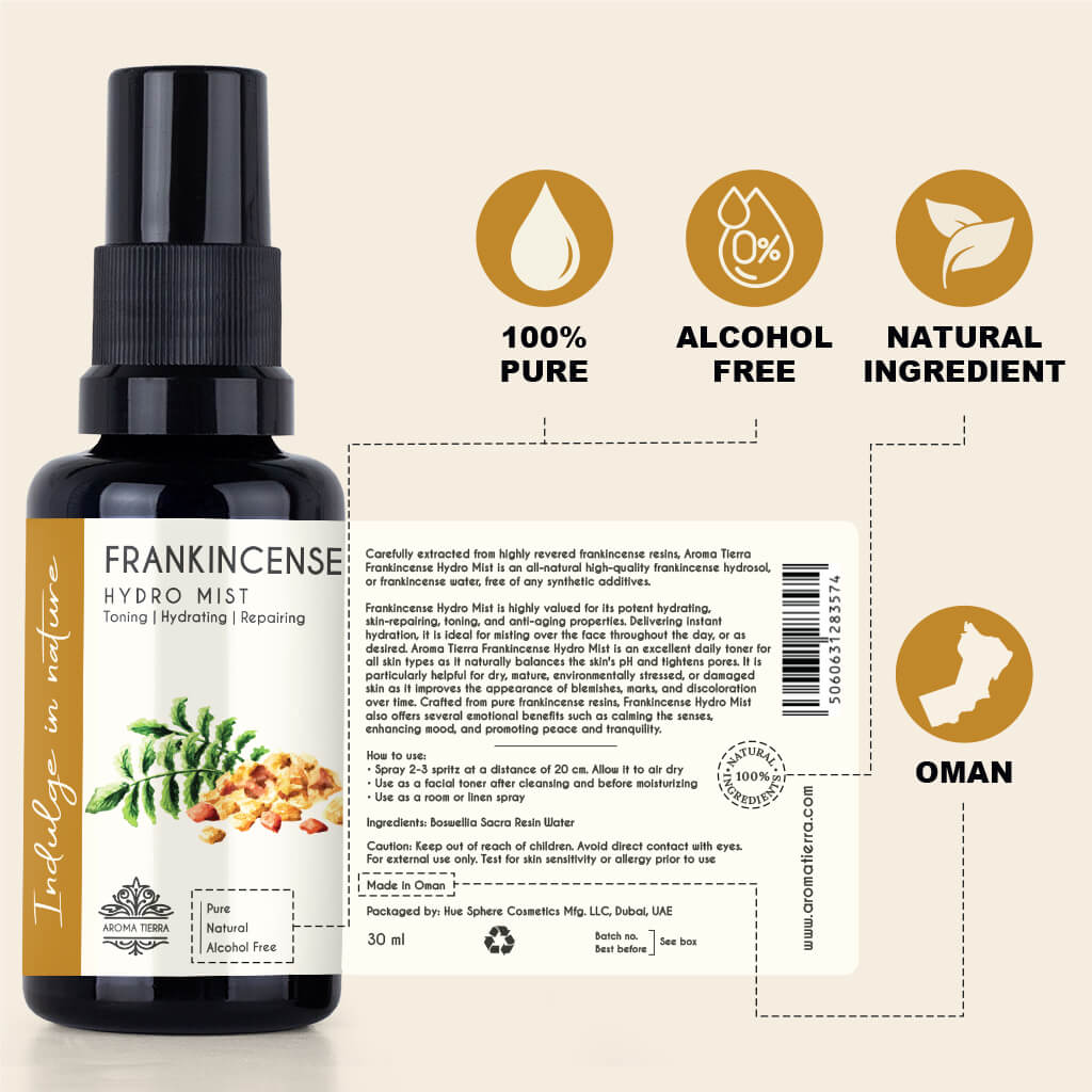 Aroma Tierra Organic Frankincense Hydro Mist - ECOCERT Certified Omani Frankincense Water for Anti-Aging