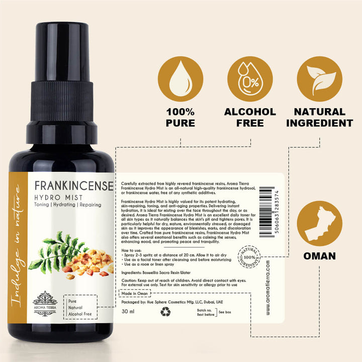 Aroma Tierra Organic Frankincense Hydro Mist - ECOCERT Certified Omani Frankincense Water for Anti-Aging