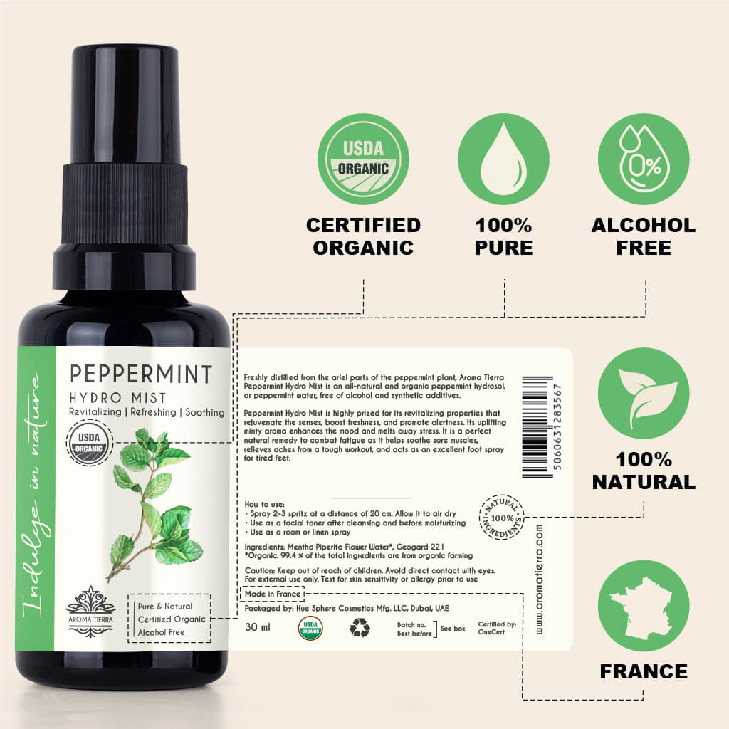 Aroma Tierra Organic Peppermint Hydro Mist - ECOCERT Certified Peppermint Water for Face and Body