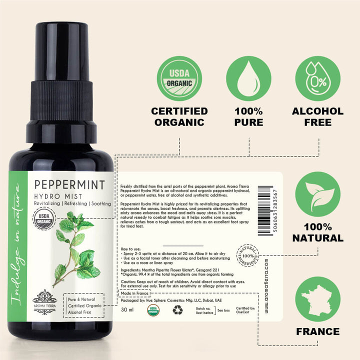 Aroma Tierra Organic Peppermint Hydro Mist - ECOCERT Certified Peppermint Water for Face and Body