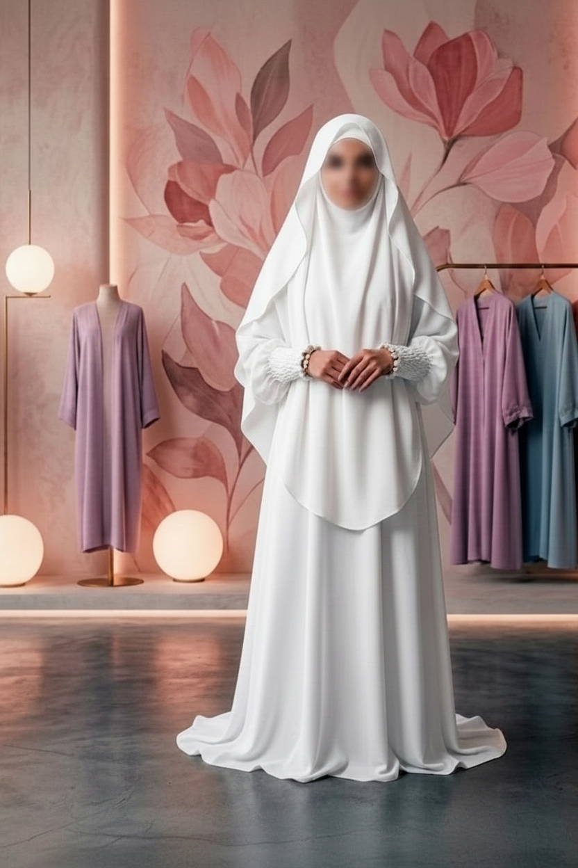 Premium 2-Piece Nusrath Jilbab Set: Flowy Khimar & Smocked Sleeve Abaya with Right-Side Pocket - White Color