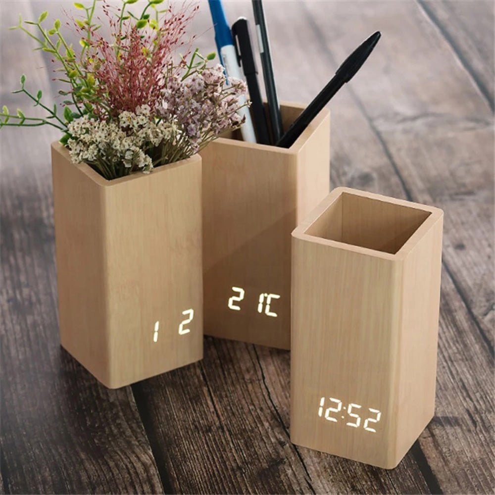 Buy Wooden Pen Holder Alarm Clock Model 2020 at deensquare.com Dubai | UAE. Features clock, calendar, temperature display &amp; desk organizer.