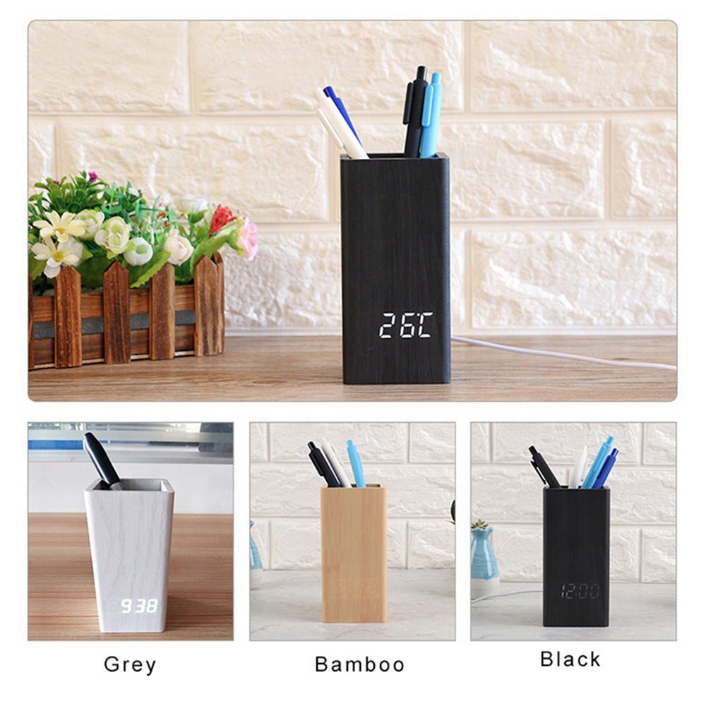 Buy Wooden Pen Holder Alarm Clock Model 2020 at deensquare.com Dubai | UAE. Features clock, calendar, temperature display &amp; desk organizer.