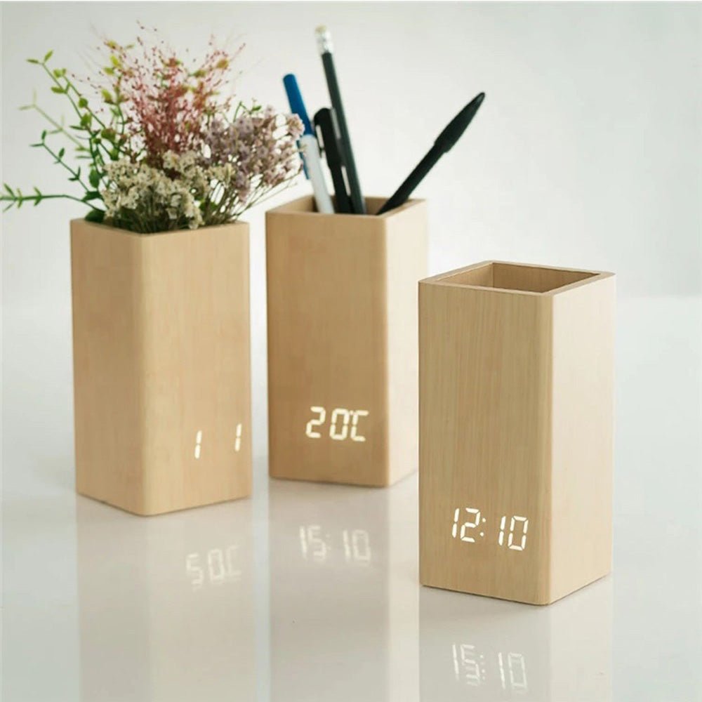 Buy Wooden Pen Holder Alarm Clock Model 2020 at deensquare.com Dubai | UAE. Features clock, calendar, temperature display & desk organizer.