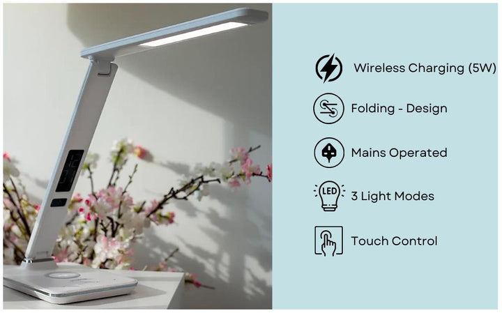 Buy U13Q LED Desk Lamp with Wireless Charger at deensquare.com Dubai | UAE. Features clock, calendar, alarm, temperature display &amp; 3 light modes.