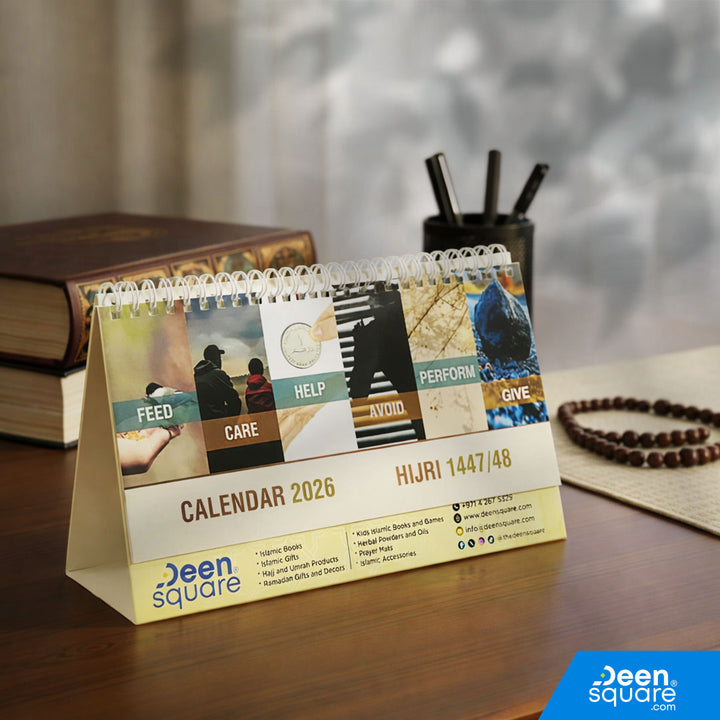 2026 table calendar with Islamic quotes and Hadith. Hijri 1447–1448, compact desk size, perfect for offices and corporate gifting.