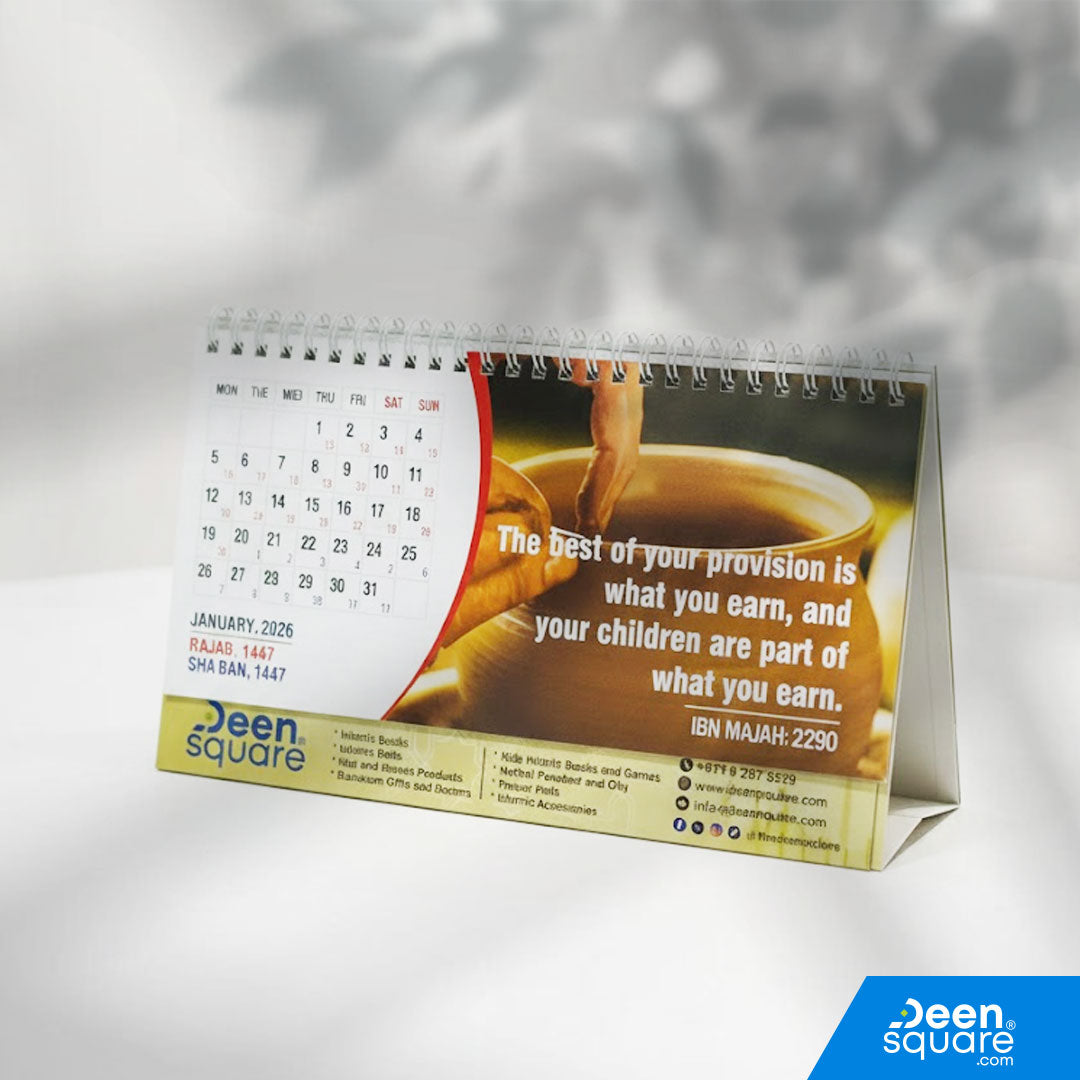 This desktop calendar is lightweight yet sturdy, designed to stand gracefully on any table. It follows both the Gregorian year 2026 and Hijri years 1447–1448, making it spiritually relevant and practically useful.