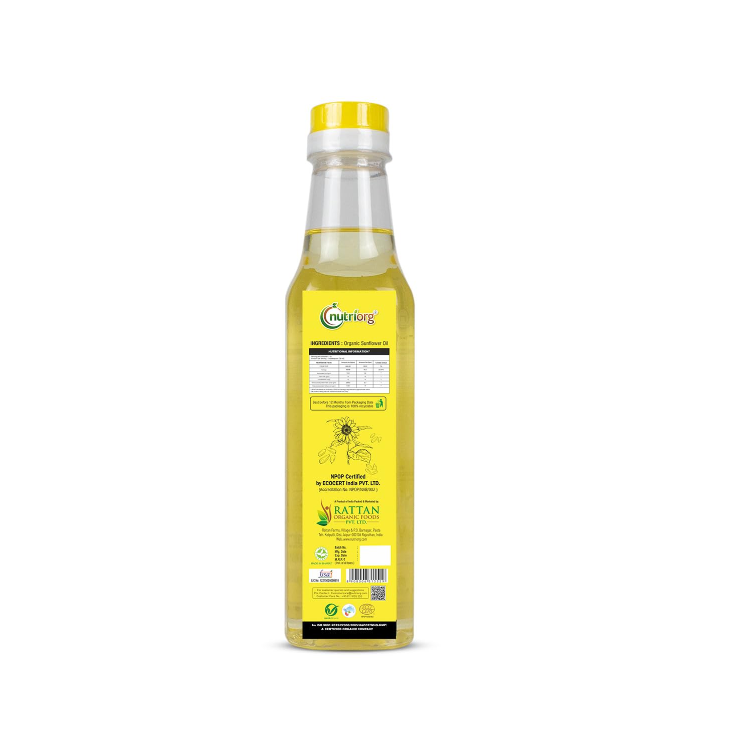 Nutriorg Certified Organic Sunflower Oil 500ml