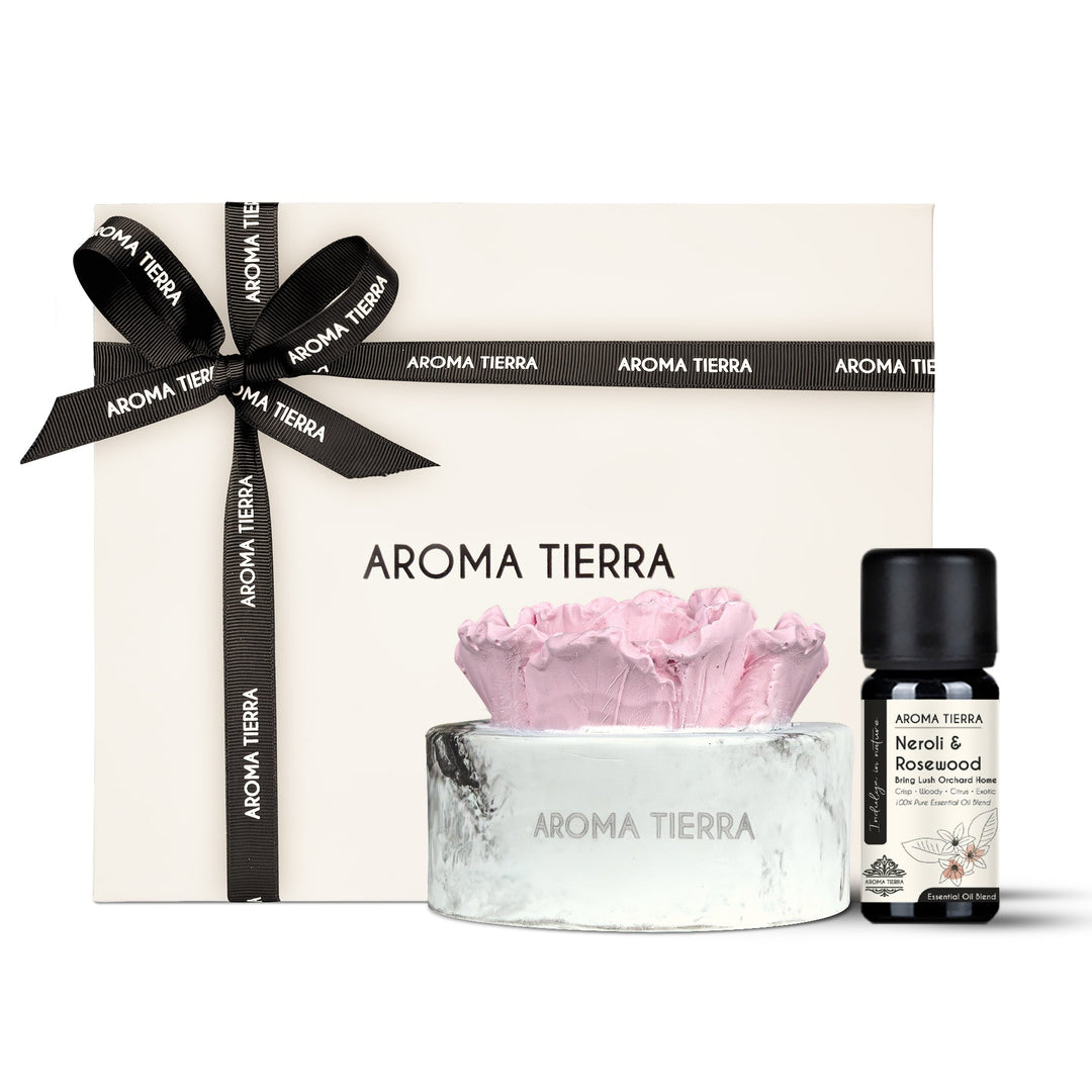 cera flora pink flower ceramic diffuser with neroli &amp; rosewood oil in gift box with ribbon