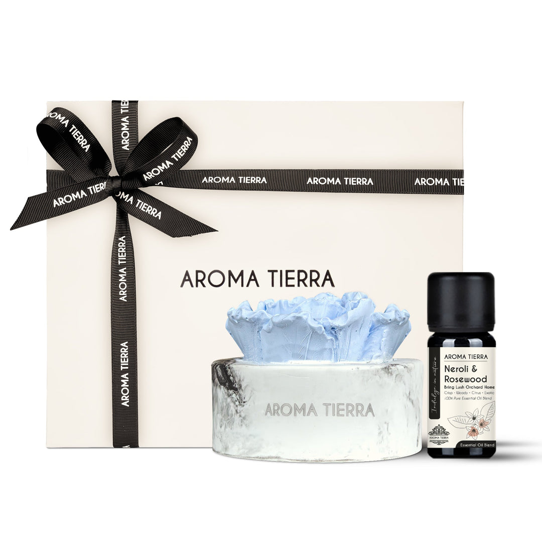 cera flora blue flower ceramic diffuser with neroli rosewood oil in gift box with ribbon