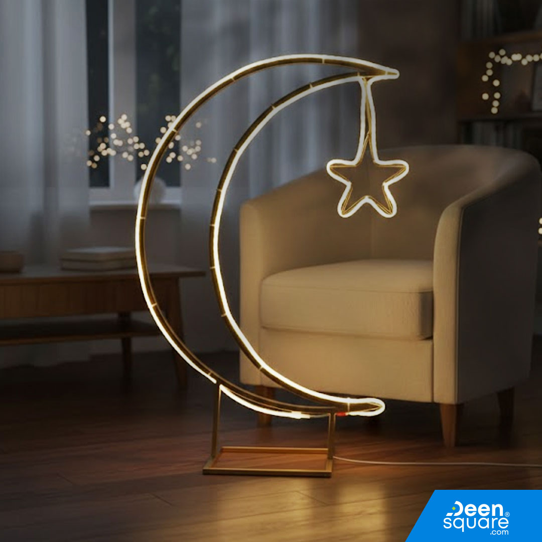 حامل القمر والنجمة لزينة رمضان مع اضاءة LED (ارتفاع 90 سم) حامل القمر والنجمة لزينة رمضان مع إضاءة LED