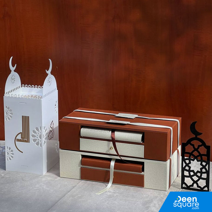 Quran & Acrylic Reading Stand with Leather Drawer Box - Premium Islamic Gift Set | مجموعة هدايا إسلامية فاخرة - صندوق من الجلد مع درج