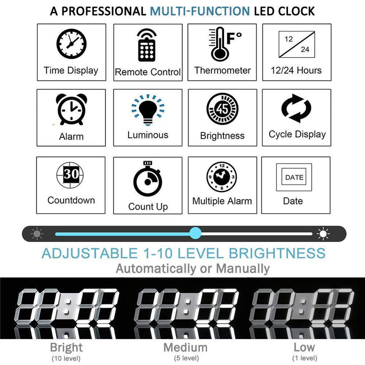 Buy 3D-6608 LED Wall Clock at deensquare.com Dubai | UAE. Features remote control, thermometer, countdown timer, calendar &amp; night light.