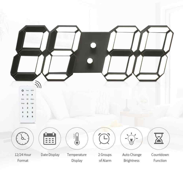 Buy 3D-6608 LED Wall Clock at deensquare.com Dubai | UAE. Features remote control, thermometer, countdown timer, calendar &amp; night light.
