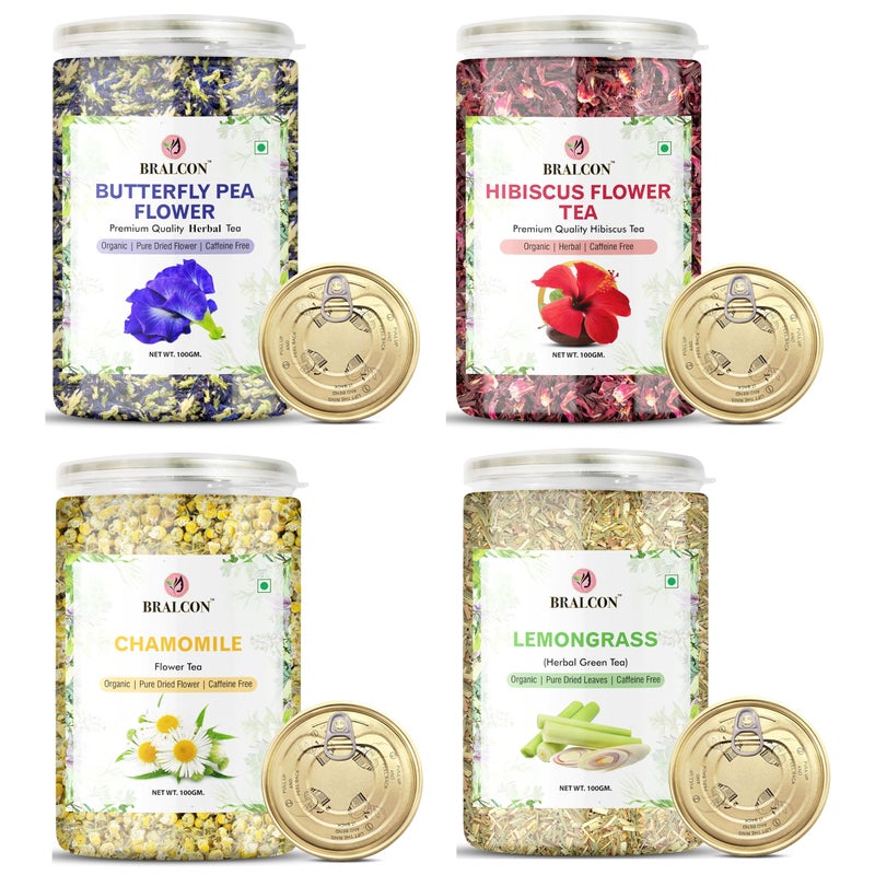 BRALCON Hibiscus Flower Tea(50g) + Butterfly Blue Pea flower Tea (50g) + Lemongrass Herbal Tea(50g) Chemomile Tea (50g)