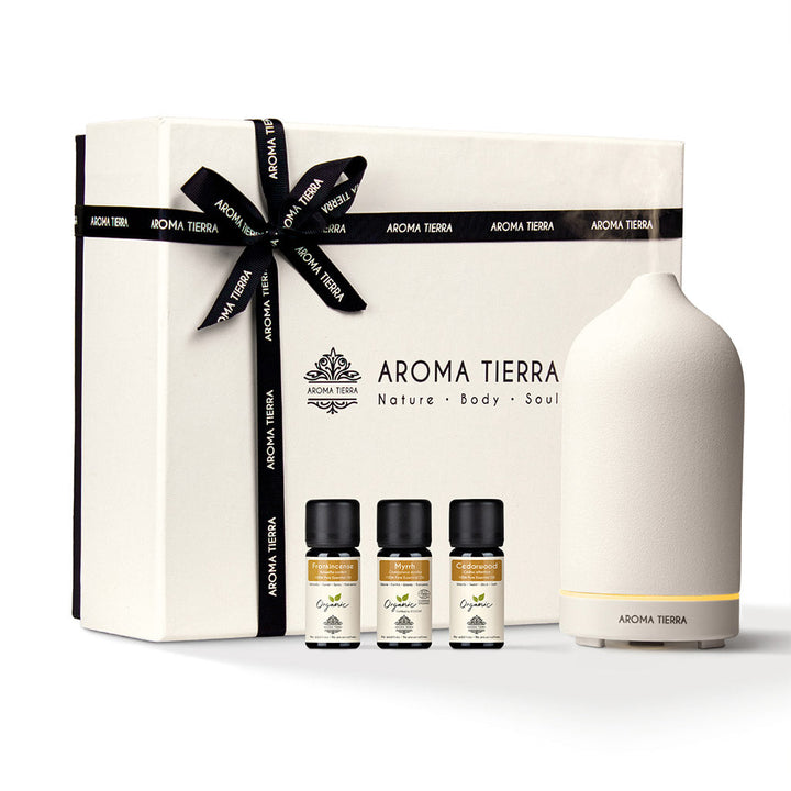Santorini Gift Set - Ceramic Diffuser &amp; 3 Essential Oils- Aroma Tierra
