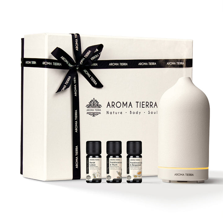 Santorini Gift Set - Ceramic Diffuser &amp; 3 Essential Oils- Aroma Tierra