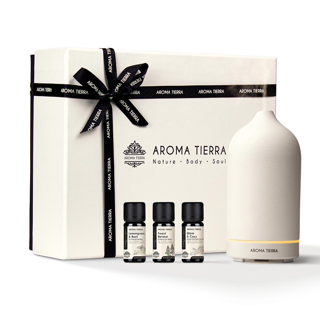 Santorini Gift Set - Ceramic Diffuser &amp; 3 Essential Oils- Aroma Tierra