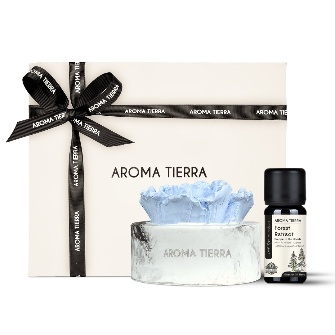 cera flora blue flower ceramic diffuser with forest retreat oil in gift box with ribbon