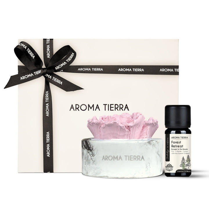 cera flora pink flower ceramic diffuser with forest retreat oil in gift box with ribbon