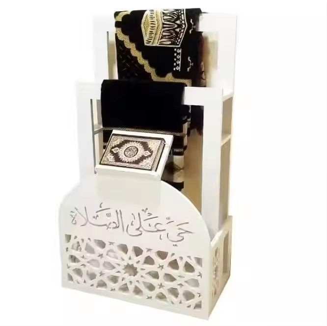 Quran Shelf & Prayer Mat Organizer - Islamic Wooden Praying Stand - White Color