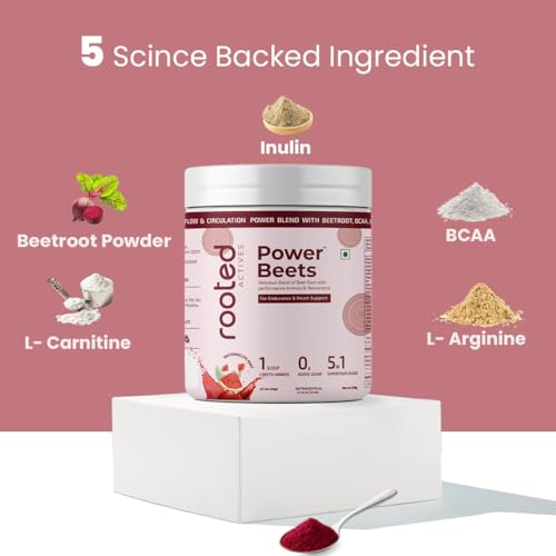 Rooted Actives Power Beets (250 grams) - Organic Beet root powder with L arginine,L Carnitine,BCAA,Reservatrol &amp; Stevia|Heart,Endurance,Nitric oxide booster| Beets Powder Supplement &amp; Pre Workout