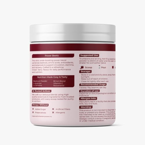 Rooted Actives Power Beets (250 grams) - Organic Beet root powder with L arginine,L Carnitine,BCAA,Reservatrol &amp; Stevia|Heart,Endurance,Nitric oxide booster| Beets Powder Supplement &amp; Pre Workout