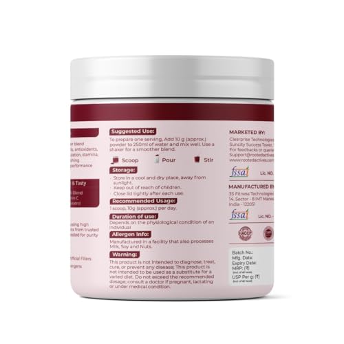 Rooted Actives Power Beets (250 grams) - Organic Beet root powder with L arginine,L Carnitine,BCAA,Reservatrol &amp; Stevia|Heart,Endurance,Nitric oxide booster| Beets Powder Supplement &amp; Pre Workout