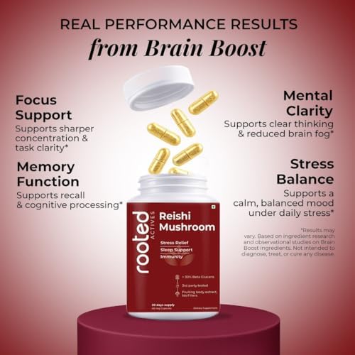 Rooted Actives Reishi mushroom Extract Powder (60 Veg Caps, 500 mg)