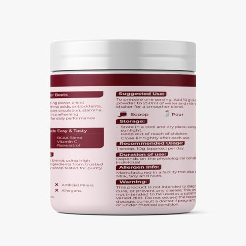 Rooted Actives Power Beets (250 grams) - Organic Beet root powder with L arginine,L Carnitine,BCAA,Reservatrol &amp; Stevia|Heart,Endurance,Nitric oxide booster| Beets Powder Supplement &amp; Pre Workout