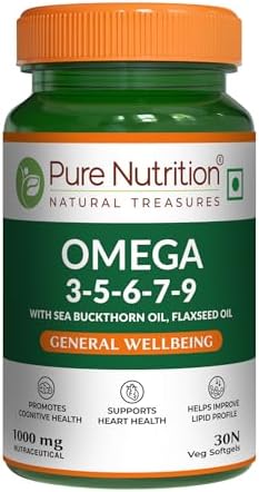 Pure Nutrition Vegan Omega 3-5-6-7-9 with Sea buckthorn oil, flaxseed oil 100mg- 30 Veg Softgels