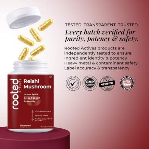 Rooted Actives Reishi mushroom Extract Powder (60 Veg Caps, 500 mg)