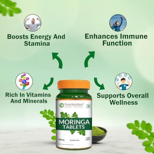 Pure Nutrition Organic Moringa 1200mg - 120 Veg Tablets | 100% Natural Immunity Booster | USFDA Certified | Supports Healthy Digestion &amp; Appetite | Energy Booster | Antioxidant-Rich | Vegan Supplement