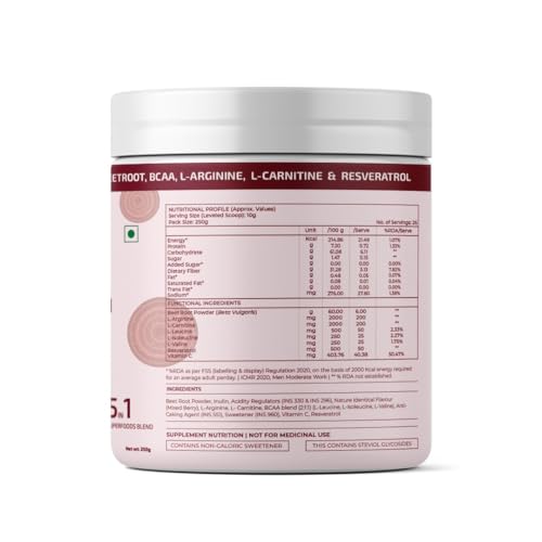 Rooted Actives Power Beets (250 grams) - Organic Beet root powder with L arginine,L Carnitine,BCAA,Reservatrol &amp; Stevia|Heart,Endurance,Nitric oxide booster| Beets Powder Supplement &amp; Pre Workout