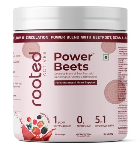 Rooted Actives Power Beets (250 grams) - Organic Beet root powder with L arginine,L Carnitine,BCAA,Reservatrol & Stevia|Heart,Endurance,Nitric oxide booster| Beets Powder Supplement & Pre Workout