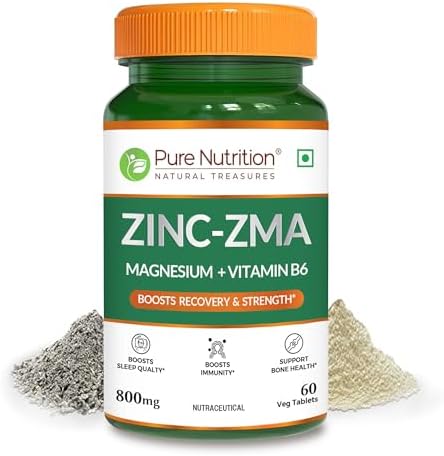 Pure Nutrition Zinc ZMA – 60 Veg Tablets | 800mg Zinc, Magnesium Aspartate &amp; Vitamin B6 | Supports Muscle Recovery, Bone Strength &amp; Deep Sleep | Boosts Energy, Testosterone &amp; Immunity