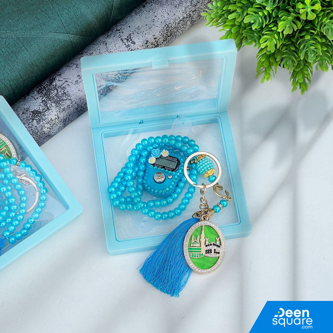 Tasbeeh Counter for Gift (99 Beads Tasbih with Finger Counter with free Keychain)