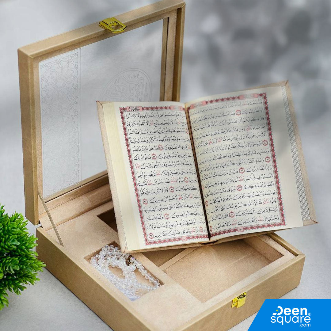 Elegant luxury Qur’an gift set featuring a premium Uthmani script Qur’an and 99-bead crystal tasbeeh in a beautiful gift box. Ideal for Ramadan & Eid.