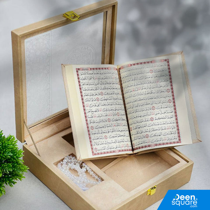 Elegant luxury Qur’an gift set featuring a premium Uthmani script Qur’an and 99-bead crystal tasbeeh in a beautiful gift box. Ideal for Ramadan & Eid.