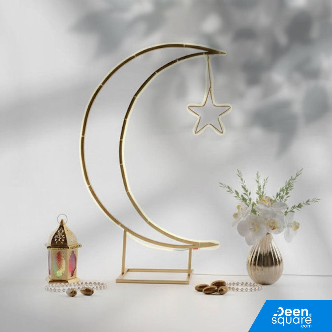 حامل القمر والنجمة لزينة رمضان مع اضاءة LED (ارتفاع 90 سم) حامل القمر والنجمة لزينة رمضان مع إضاءة LED