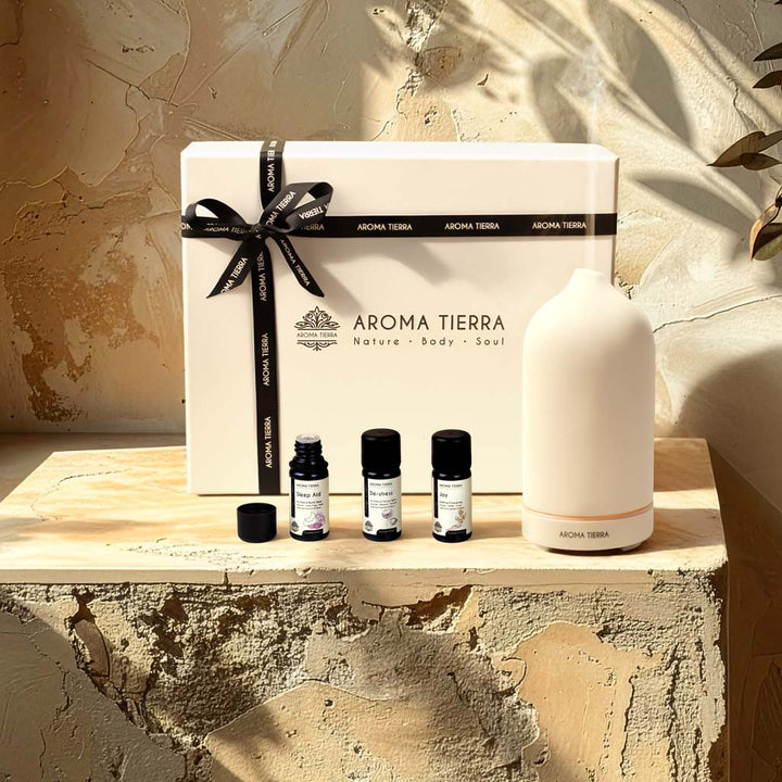 Santorini Gift Set - Ceramic Diffuser &amp; 3 Essential Oils- Aroma Tierra