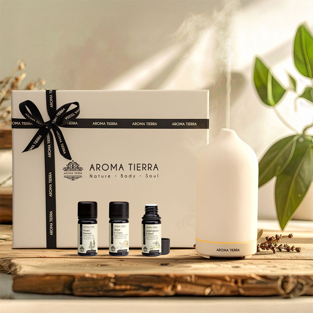 Santorini Gift Set - Ceramic Diffuser &amp; 3 Essential Oils- Aroma Tierra