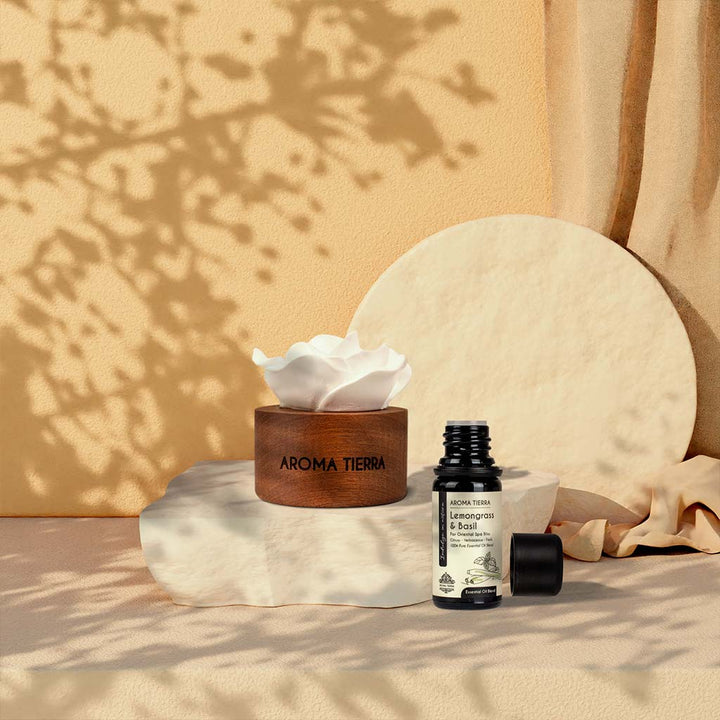 cera flora wood ceramic diffuser with lemongrass basil oil blend in bright, relaxing home atmosphere
