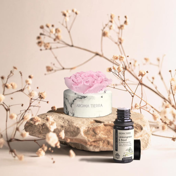 cera flora pink flower ceramic diffuser with lemongrass &amp; basil essential oil