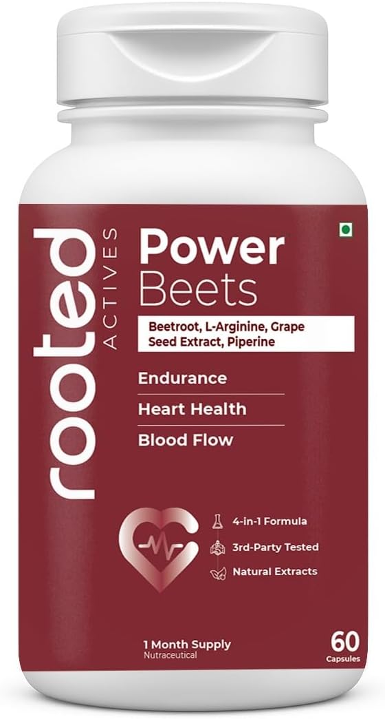Rooted Actives Power Beets capsules with beetroot extract and L-arginine for nitric oxide support